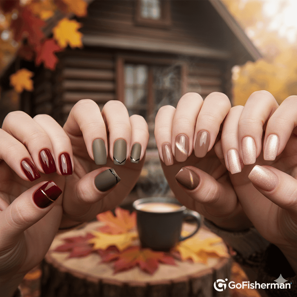 Fall 2025 Nail Trends: Swatch of Burgundy, Olive Green colors, and a design with a Glazed finish.