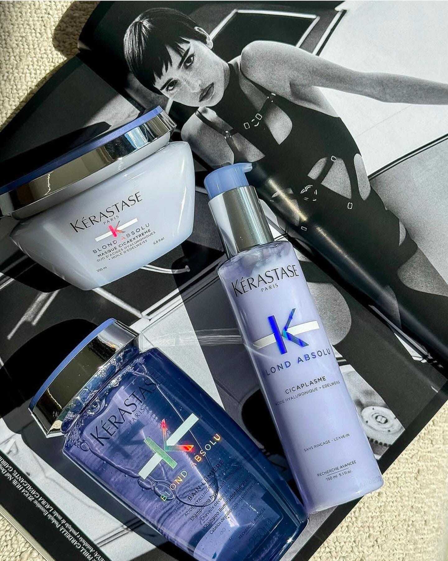 Kérastase Blond Absolu hair products displayed on a fashion magazine layout.